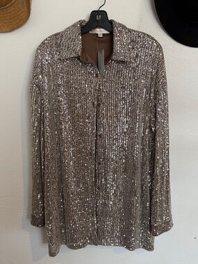Anthropologie Sequin Ribbed Button-Down Shirt - Brown